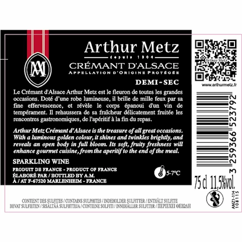 Vente Flash 🔔 Crémant d'Alsace Arthur Metz - Demi-sec - 75 cl | Champagne & Effervescent 3 Vente Flash 🔔 Crémant d'Alsace Arthur Metz - Demi-sec - 75 cl | Champagne & Effervescent – Image 2